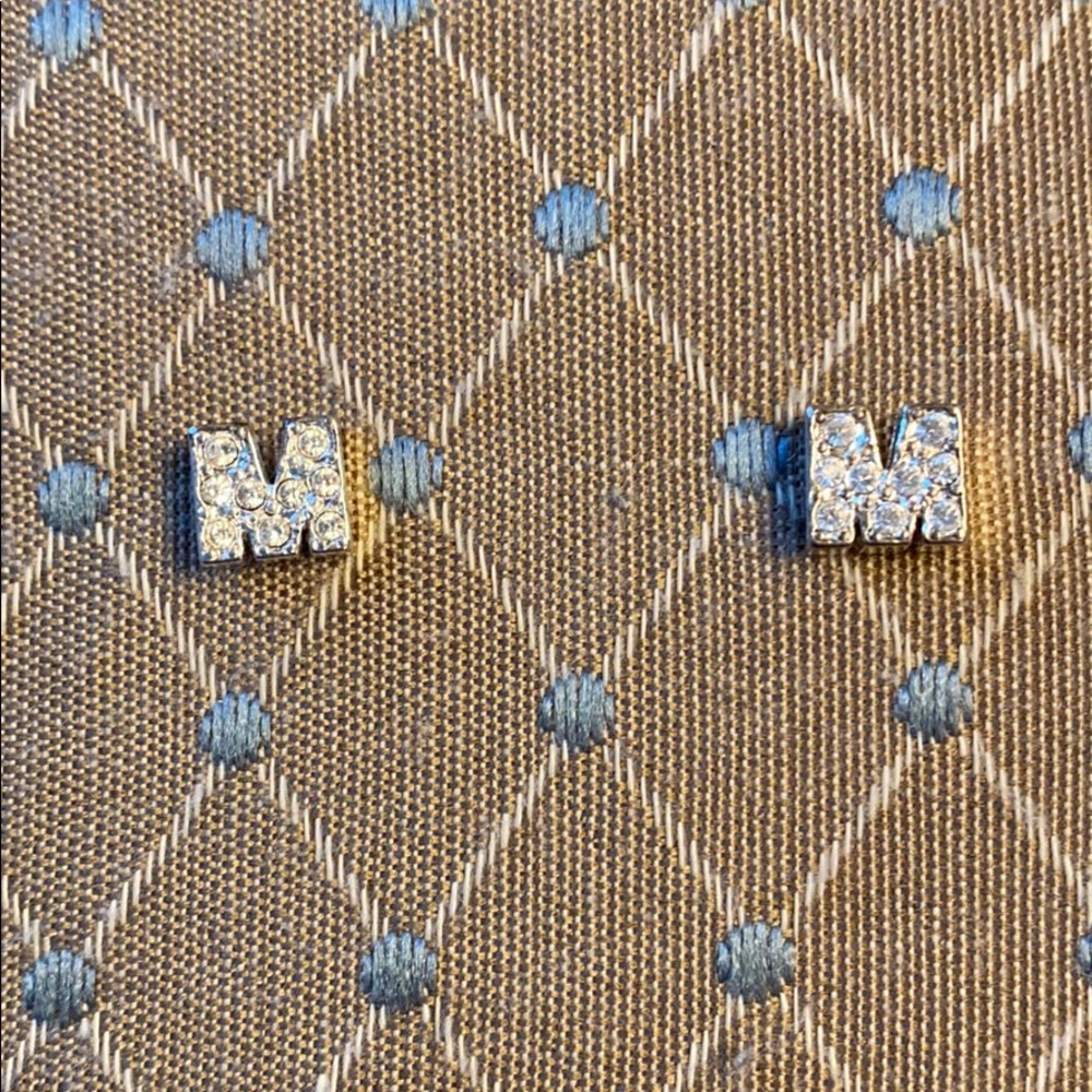 Silver Tone Crystal M Initial Earrings